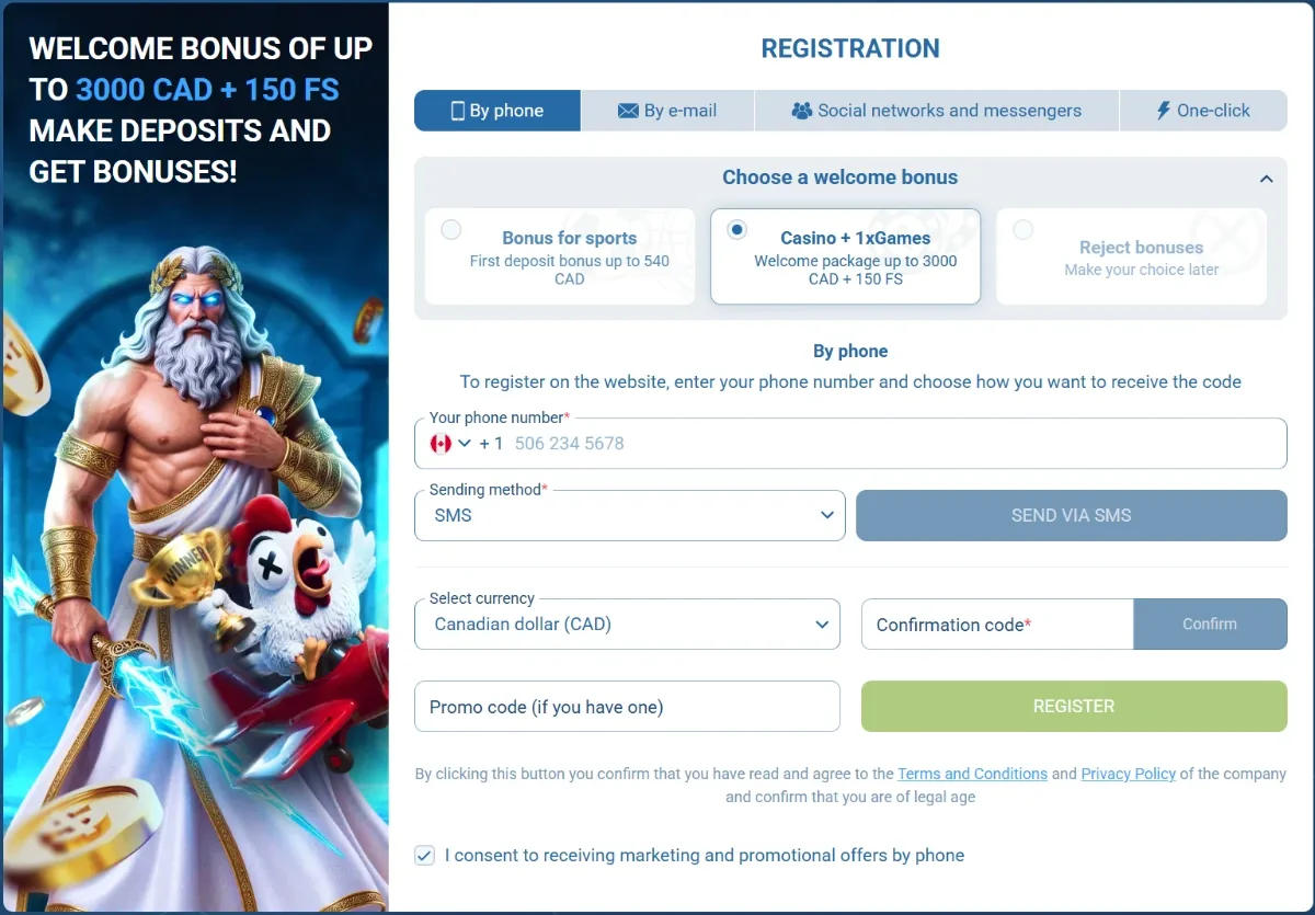The 1xBet Canada sign-up form on 11 Oct 2026: four methods, the casino package ticked, currency Canadian dollar (CAD) 1xBet Canada registration form: by phone, by e-mail, social networks and one-click, with the Casino + 1xGames welcome package selected and currency CAD