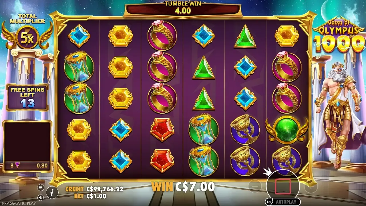 An x5 orb multiplying a tumble win early in a bought round that finished at 174.20x the bet Gates of Olympus 1000 free spins with an x5 multiplier orb applied to a tumble win
