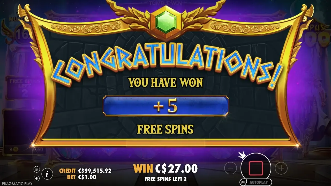 The +5 retrigger in a bought round — the extra spins took the round to 214.85x the bet Gates of Olympus 1000 free spins retrigger: three scatters award 5 more spins