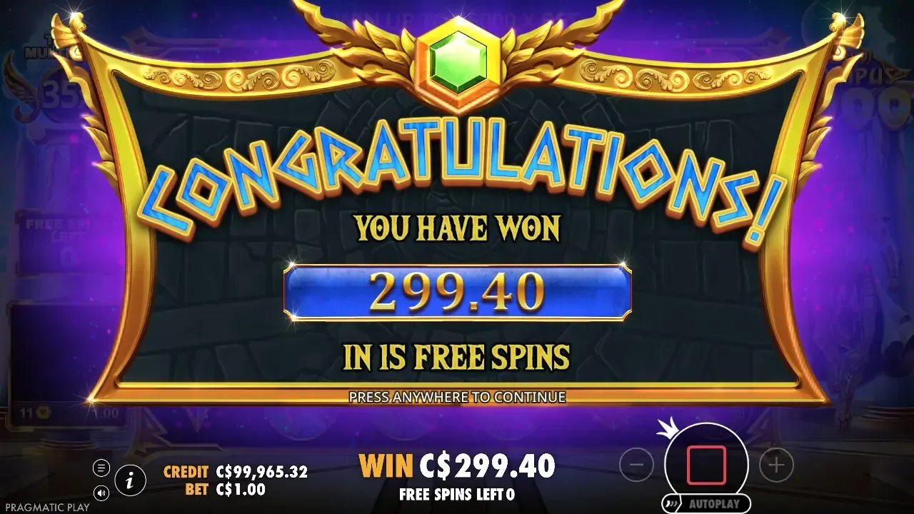 Gates of Olympus 1000 free spins end screen: You have won 299.40 in 15 free spins at a C$1 bet