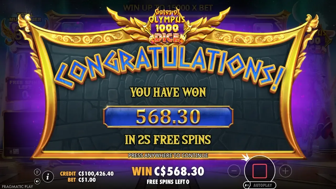 Gates of Olympus 1000 Dice end screen: You have won 568.30 in 25 free spins