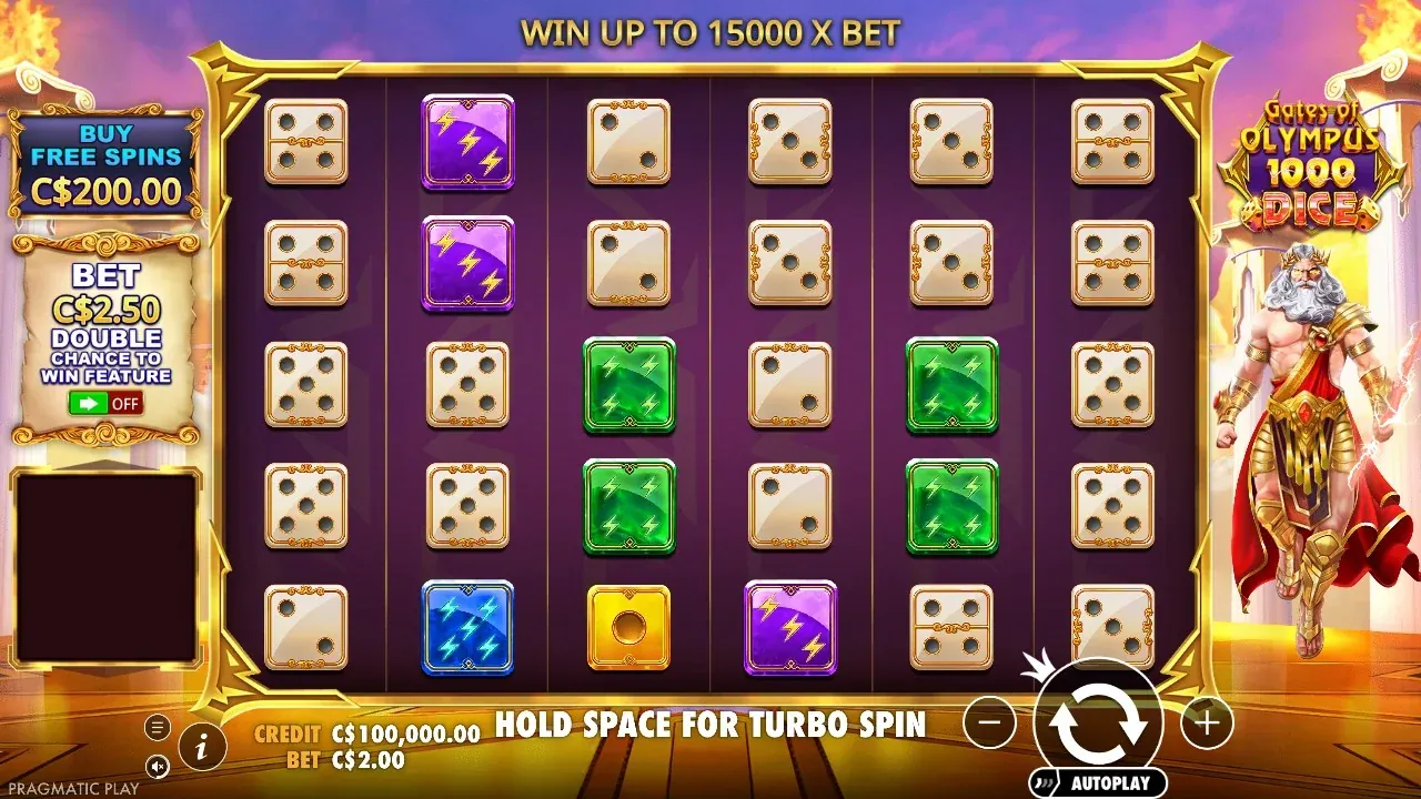 Gates of Olympus 1000 Dice demo screen in Canadian dollars
