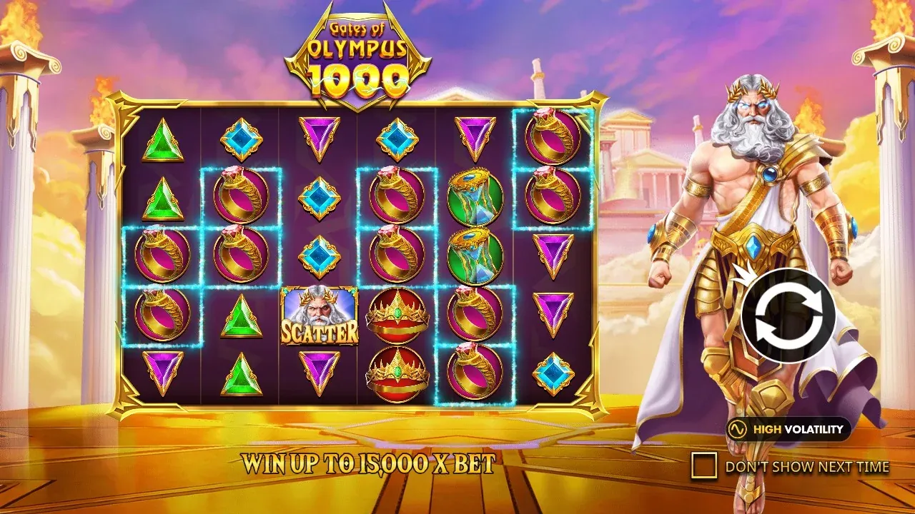 The 1000's intro screen in the demo: 15,000x and orbs up to 1,000x Gates of Olympus 1000 intro screen: win up to 15000x bet and multipliers up to 1000x