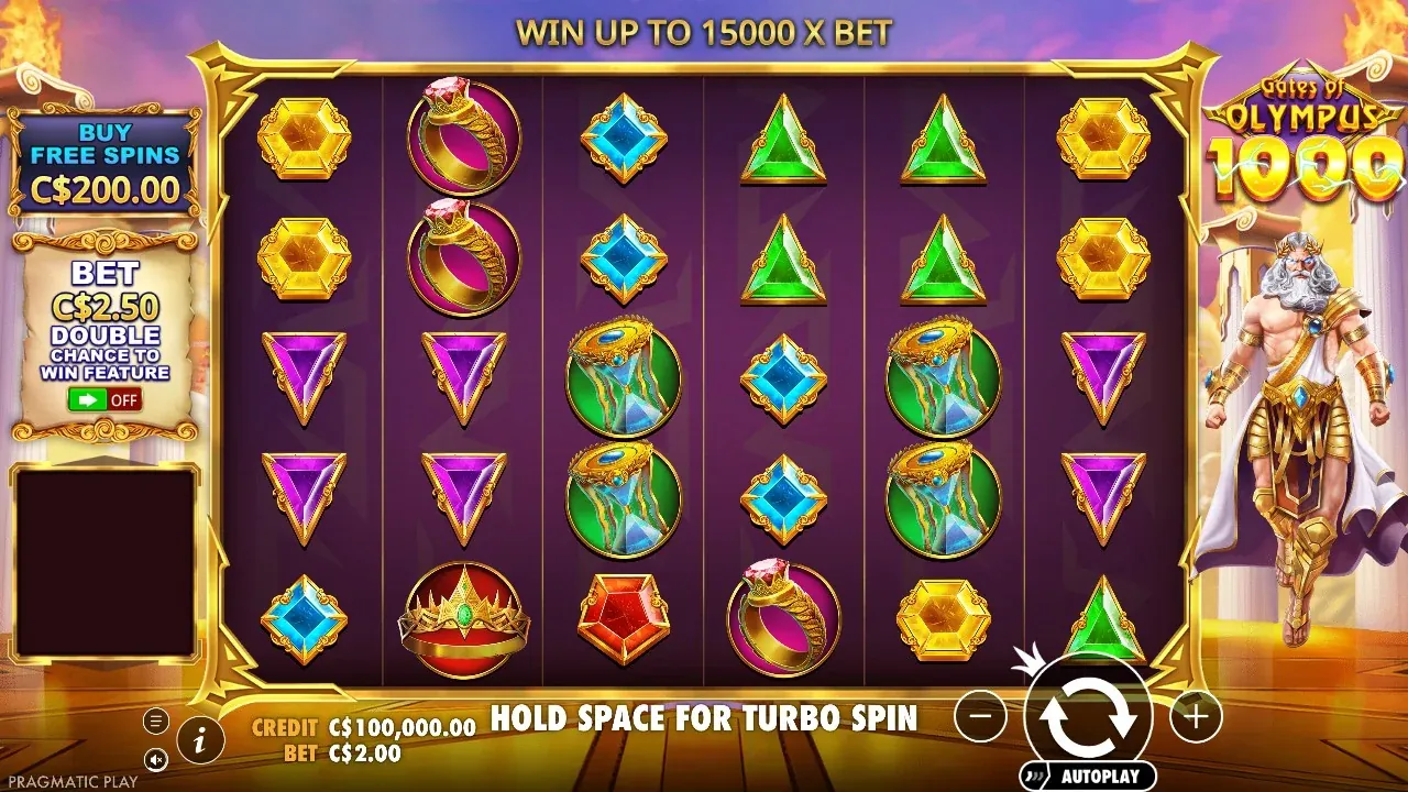 Gates of Olympus 1000 main screen in the demo with C$100,000 credit and a C$2.00 bet