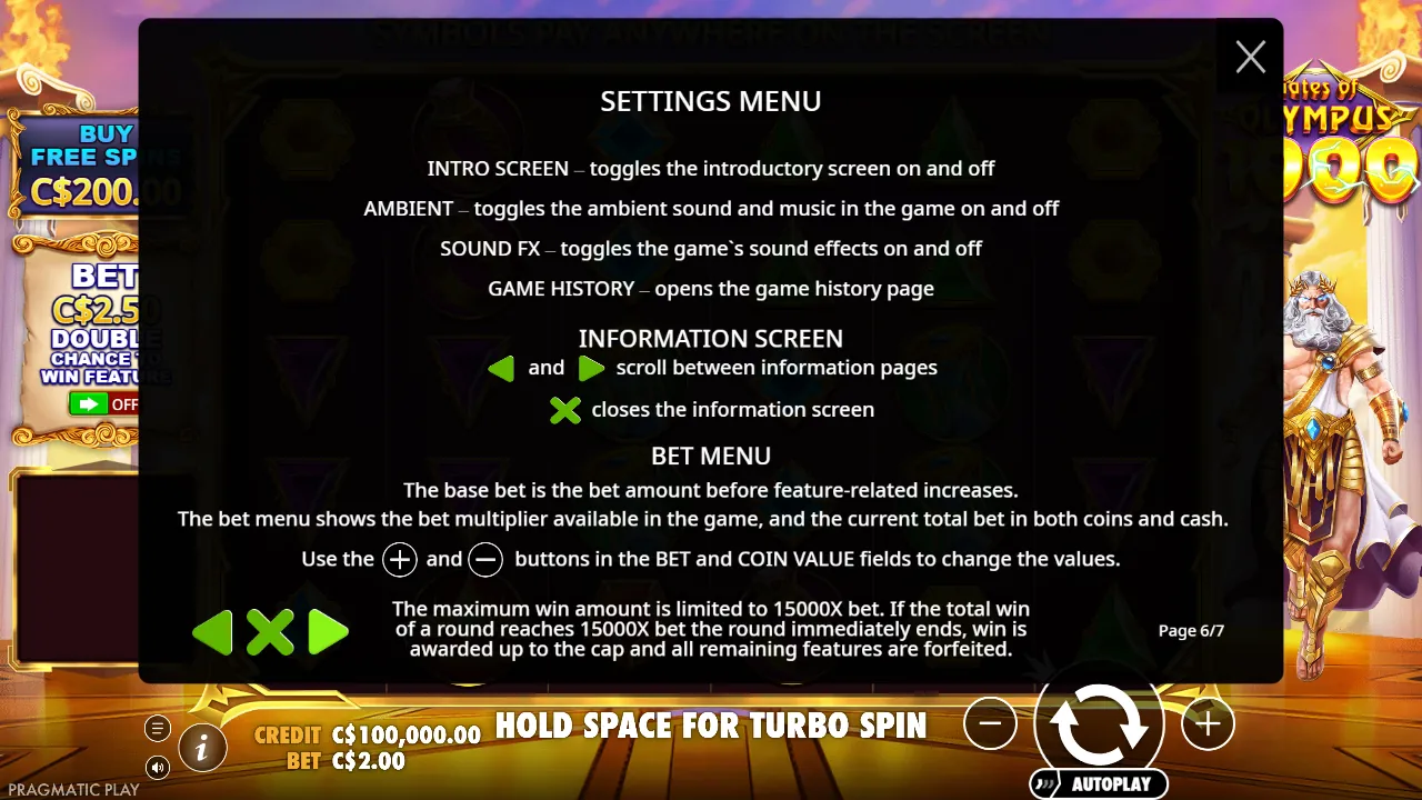 Gates of Olympus 1000 rules page 6: settings menu, bet menu and the 15,000x maximum win rule
