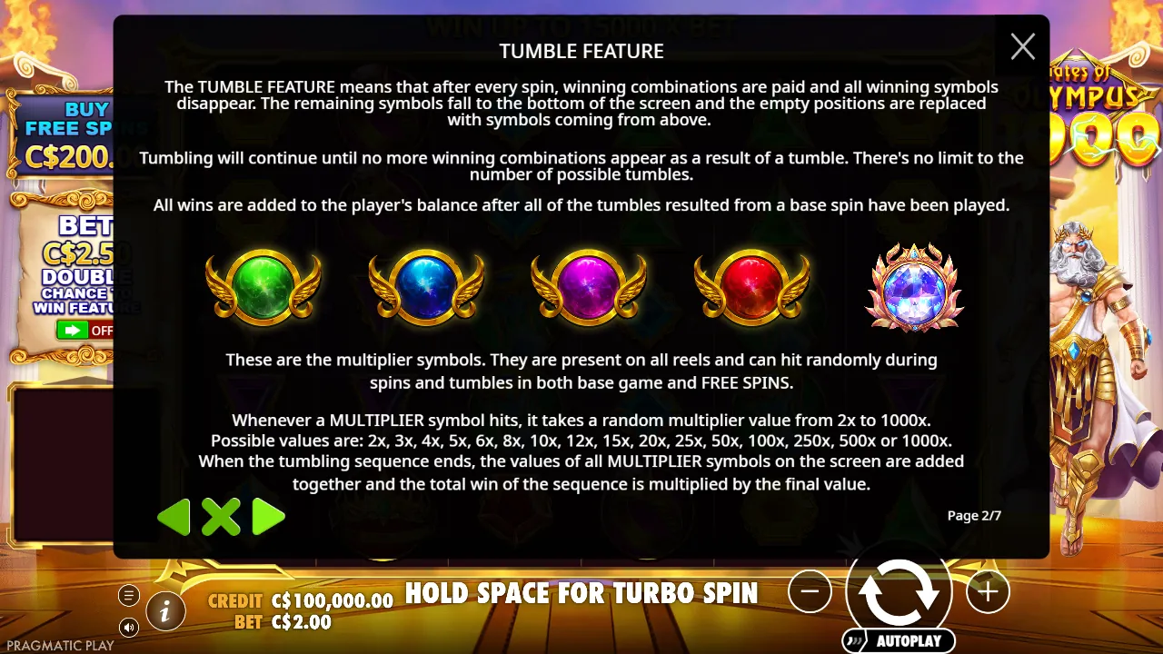 Rules page 2: tumbles have no limit, and orbs take one of sixteen values from 2x to 1,000x Gates of Olympus 1000 rules page 2: tumble feature and multiplier orbs from 2x to 1000x