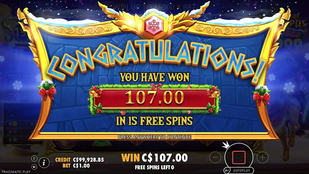 The best filmed Xmas buy: C$107.00 from a C$100 buy at C$1 Gates of Olympus Xmas 1000 end screen after a bought free spins round paying 107.00
